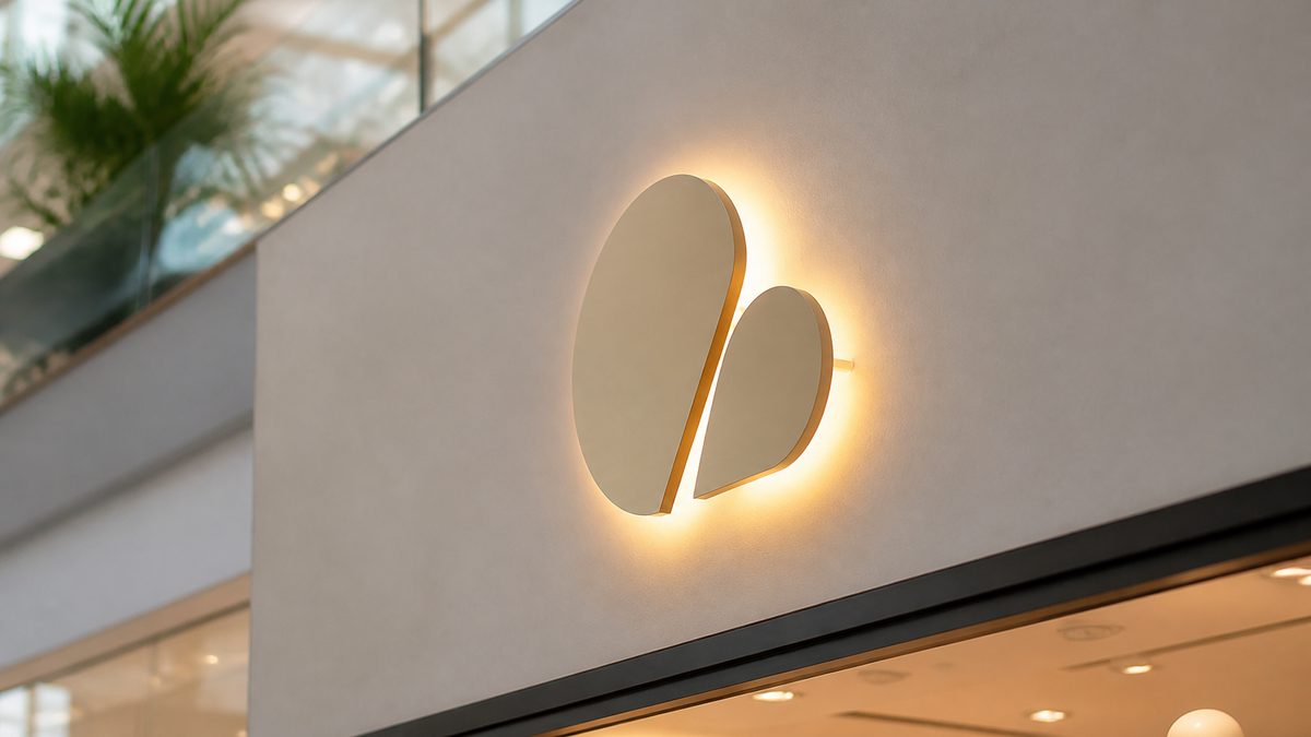 Rótulo 3D iluminado en la fachada de un local de centro comercial